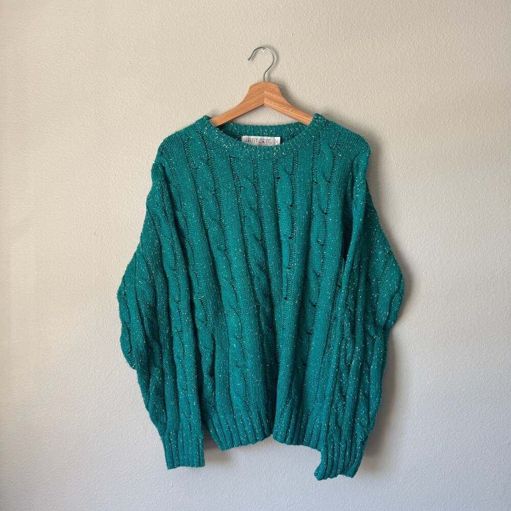 Vintage Jantzen Teal Cable Knit Sweater Made in USA Speckled